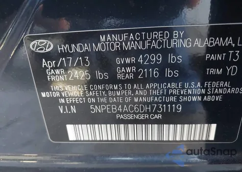 2013 Hyundai Sonata Gls from USA, damaged, VIN 5NPEB4AC6DH731119